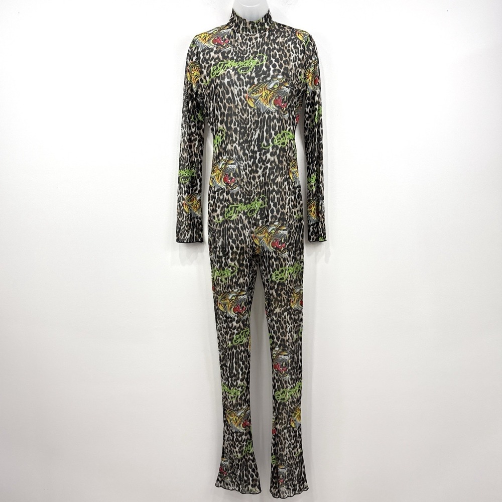 Ed Hardy Leopard Mesh Jumpsuit L Sheer  Tiger Head Spell Out Flare Leg Grunge